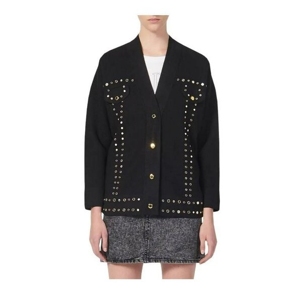 Sandro Paris Bamo Studded Sweater Black Gold Mirrored Embellished Oversized - Picture 15 of 15